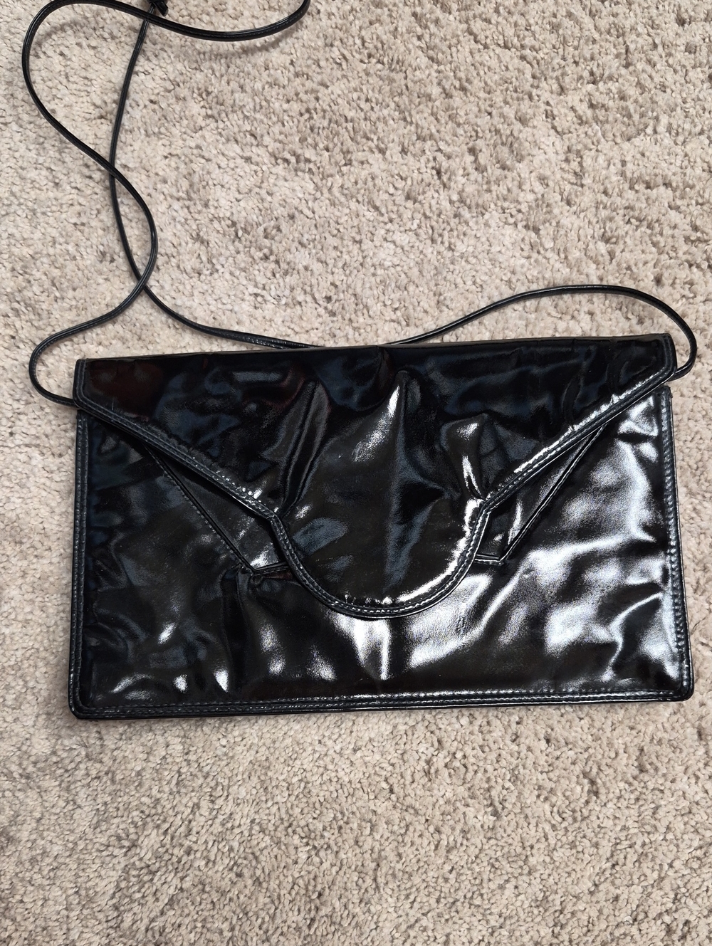 Susan Gail Black Patent Envelope Clutch with Crossbody Strap
